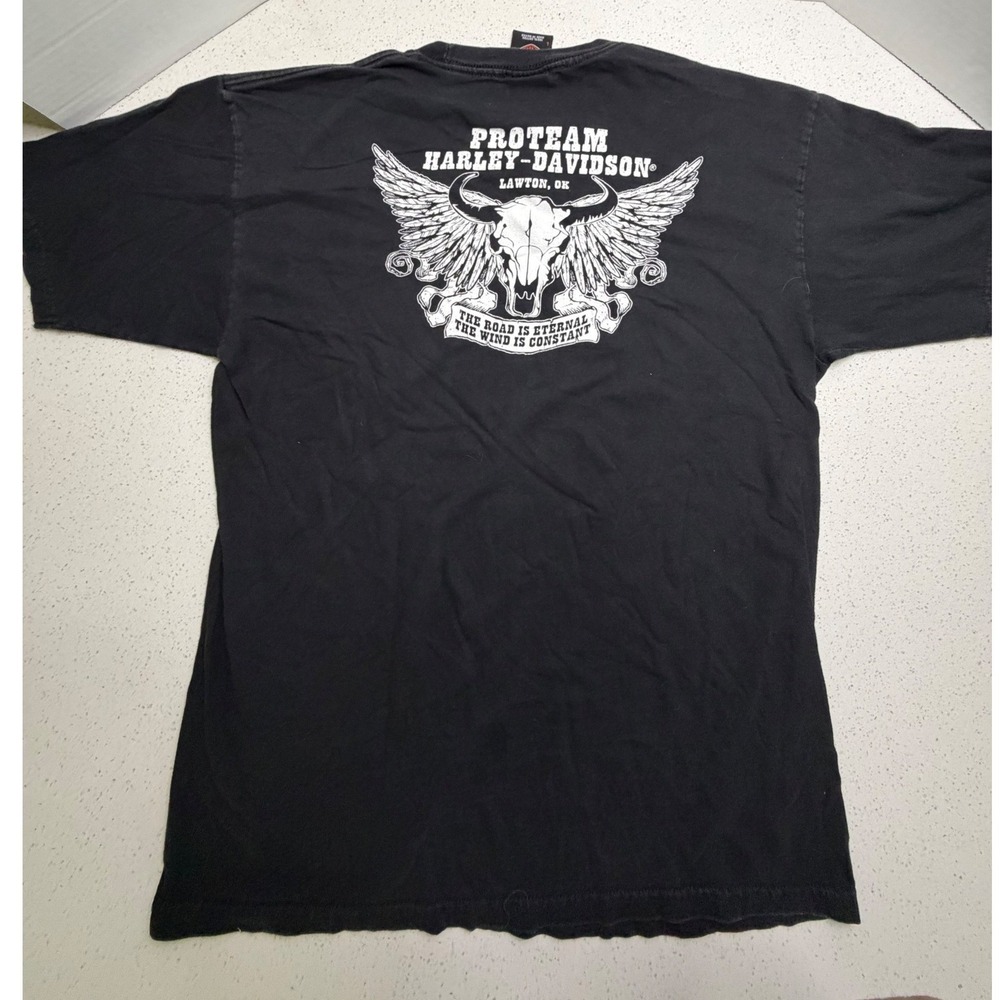 Harley-Davidson T-Shirt Mens Large Black Proteam Lawton OK Winged Skull Graphic